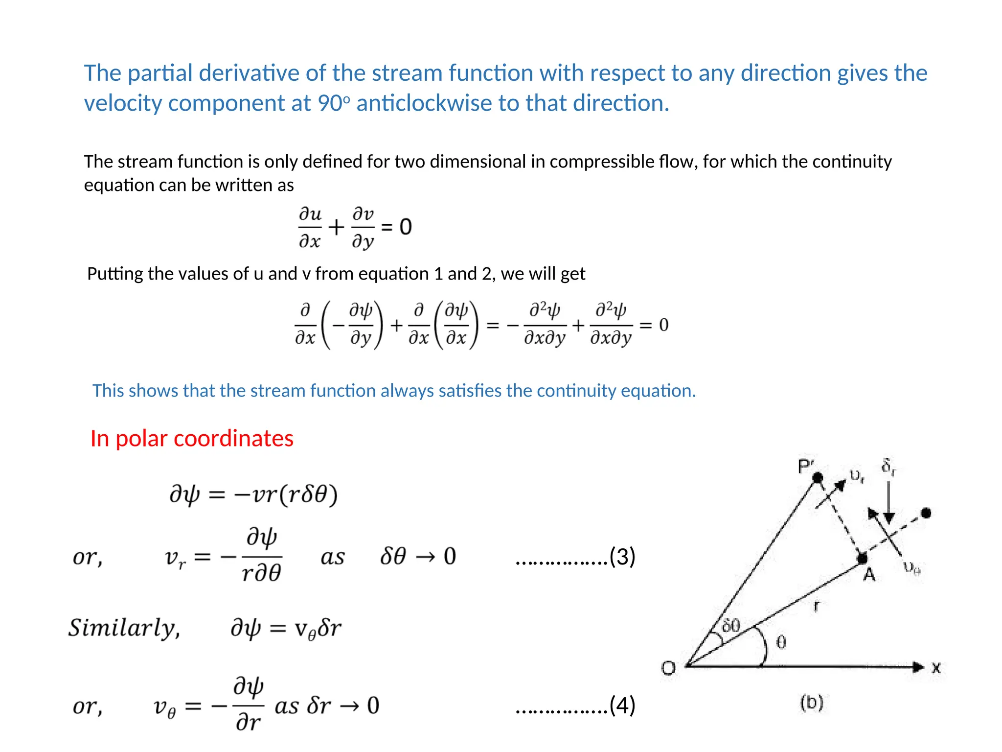 The partial derivative of the stream function with respect to any direction gives the
velocity component at 90o
anticlockwise to that direction.
The stream function is only defined for two dimensional in compressible flow, for which the continuity
equation can be written as
Putting the values of u and v from equation 1 and 2, we will get
This shows that the stream function always satisfies the continuity equation.
In polar coordinates
…………….(3)
…………….(4)
 