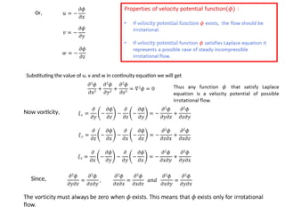 Or,
Substituting the value of u, v and w in continuity equation we will get
Now vorticity,
Since,
 