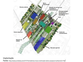 Implantação
Fonte: http://www.archdaily.com/277773/mobilicity-tirana-multimodal-station-proposal-morfearch/3-779/
 