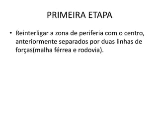 PRIMEIRA ETAPA
• Reinterligar a zona de periferia com o centro,
  anteriormente separados por duas linhas de
  forças(malha férrea e rodovia).
 