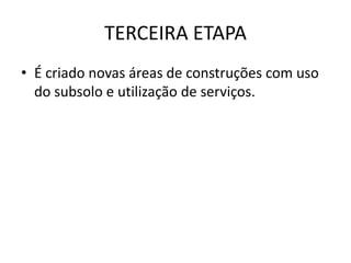 TERCEIRA ETAPA
• É criado novas áreas de construções com uso
  do subsolo e utilização de serviços.
 