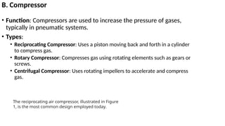 B. Compressor
• Function: Compressors are used to increase the pressure of gases,
typically in pneumatic systems.
• Types:
• Reciprocating Compressor: Uses a piston moving back and forth in a cylinder
to compress gas.
• Rotary Compressor: Compresses gas using rotating elements such as gears or
screws.
• Centrifugal Compressor: Uses rotating impellers to accelerate and compress
gas.
The reciprocating air compressor, illustrated in Figure
1, is the most common design employed today.
 