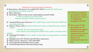 PREFERRED IV FLUIDS IN DIFFERENT CONDITIONS
 Resuscitation : Hartmans if not available 0.9% NaCl(Excessive 0.9% NaCl causes
hyperchloraemic metabolic acidosis)
 Burn : Hartmans
 Head injury : Blood or Any isotonic solutions(Hartmans,0.9% NaCl)
5% DA contradicted as it will raise ICP
Mannitol may given if ICP is raised to reduce it
 Intestinal Obstruction: Hartmans ( Na+ and K+ losses occur.5% DA and 5% DNS will
cause hyponatraemia)
 Cholera : Cholera saline ( It has less NaCl so less chance of hyperchloraemic metabolic
acidosis
It has K+ that corrects potassium losses
It has sodium acetate that produces HCO3- from acetyle co A which corrects
acidosis)
 Vomitting: 0.9 % NaCl (Cl-, Na+ and H+ are lost which cause hypocloraemic metabolic
alkalosis)
 Hypoglycaemia: 25% Nutridex then 10% DA as maintenance
 Pyloric stenosis : Hartmans / 0.9% NaCl+KCL
 Acute hypovolaemia:Gelofusin (short acting)
 Continued hypovolaemia: Hetastarch (long acting)
 6 litres of crystalloid
are needed to expand
the plasma by 1 litre as
it is distributed
throughout the ECF
 Do not use 5% DA
from choice as it is
distributed throughout
both ECF and ICF
compartments; thus 13
litres are needed to
increase the
intravascular space by 1
litre
 