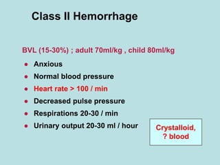 Class II Hemorrhage
● Anxious
● Normal blood pressure
● Heart rate > 100 / min
● Decreased pulse pressure
● Respirations 20-30 / min
● Urinary output 20-30 ml / hour
BVL (15-30%) ; adult 70ml/kg , child 80ml/kg
Crystalloid,
? blood
 