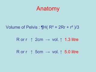 Anatomy
Volume of Pelvis : ¶H( R² + 2Rr + r² )/3
R or r ↑ 2cm → vol. ↑ 1.3 litre
R or r ↑ 5cm → vol. ↑ 5.0 litre
 