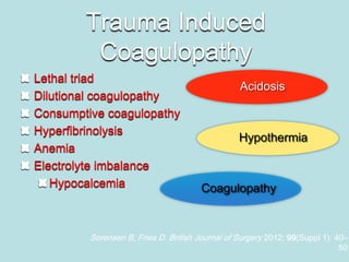 Trauma Induced
Coagulopathy
Lethal triad
Dilutional coagulopathy
Consumptive coagulopathy
Hyperfibrinolysis
Anemia
Electrolyte imbalance
Hypocalcemia
Sorensen B, Fries D. British Journal of Surgery 2012; 99(Suppl 1): 40–
50
Hypothermia
Acidosis
Coagulopathy
 