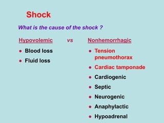 Shock
What is the cause of the shock ?
● Blood loss
● Fluid loss
● Tension
pneumothorax
● Cardiac tamponade
● Cardiogenic
● Septic
● Neurogenic
● Anaphylactic
● Hypoadrenal
Hypovolemic Nonhemorrhagicvs
 