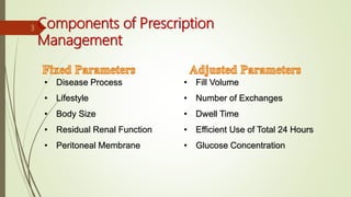 • Disease Process
• Lifestyle
• Body Size
• Residual Renal Function
• Peritoneal Membrane
• Fill Volume
• Number of Exchanges
• Dwell Time
• Efficient Use of Total 24 Hours
• Glucose Concentration
Components of Prescription
Management
3
 