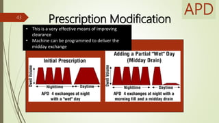 Prescription Modification43
• This is a very effective means of improving
clearance
• Machine can be programmed to deliver the
midday exchange
APD
 
