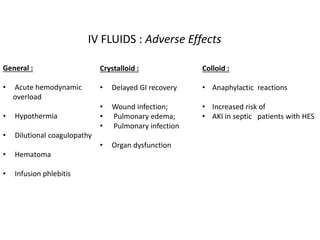 IV FLUIDS : Adverse Effects
General :
• Acute hemodynamic
overload
• Hypothermia
• Dilutional coagulopathy
• Hematoma
• Infusion phlebitis
Crystalloid :
• Delayed GI recovery
• Wound infection;
• Pulmonary edema;
• Pulmonary infection
• Organ dysfunction
Colloid :
• Anaphylactic reactions
• Increased risk of
• AKI in septic patients with HES
 