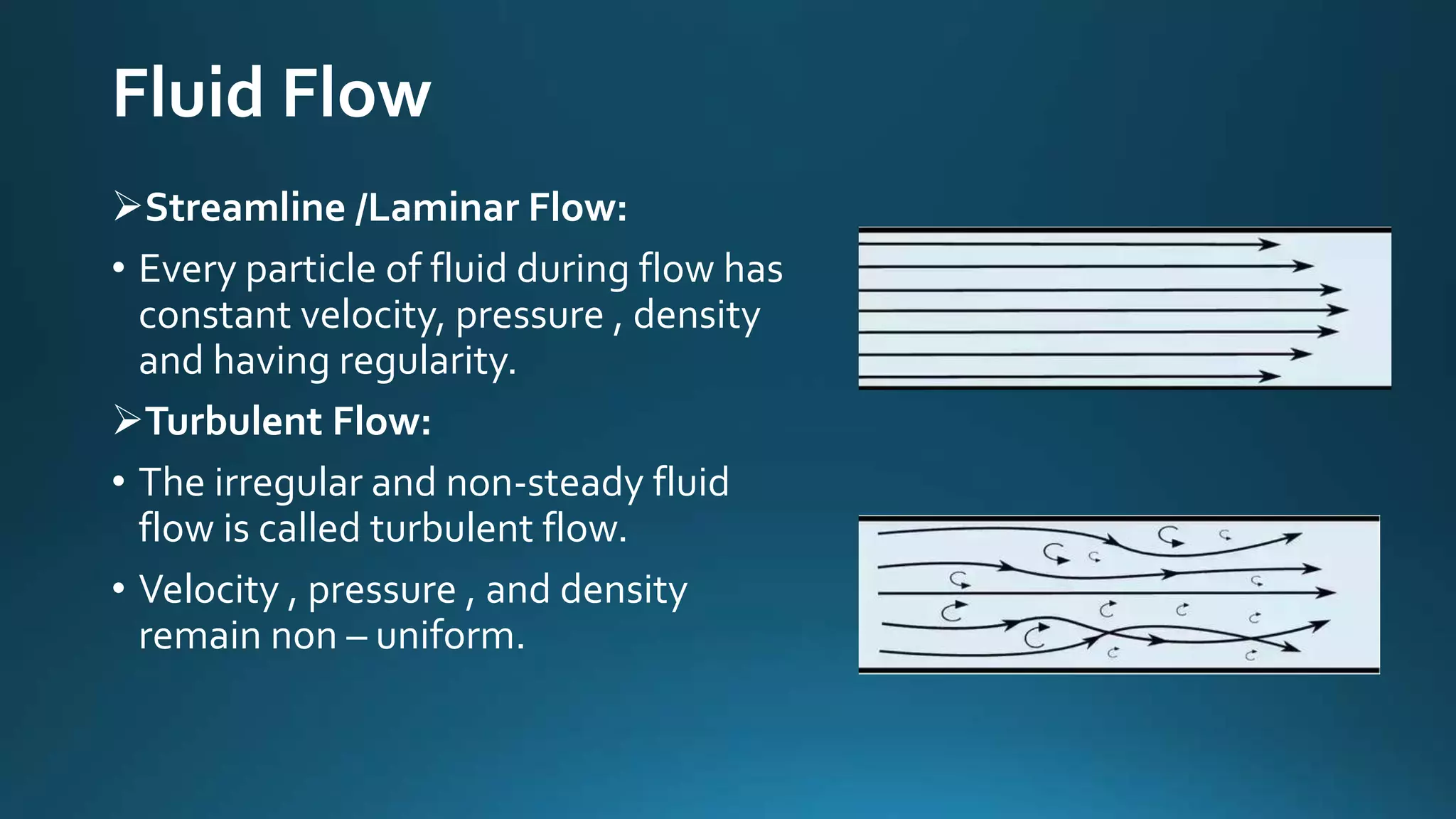 Fluid Flow
Streamline /Laminar Flow:
• Every particle of fluid during flow has
constant velocity, pressure , density
and having regularity.
Turbulent Flow:
• The irregular and non-steady fluid
flow is called turbulent flow.
• Velocity , pressure , and density
remain non – uniform.
 