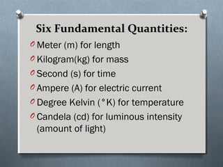 Six Fundamental Quantities:Six Fundamental Quantities:
O Meter (m) for length
O Kilogram(kg) for mass
O Second (s) for time
O Ampere (A) for electric current
O Degree Kelvin (°K) for temperature
O Candela (cd) for luminous intensity
(amount of light)
 