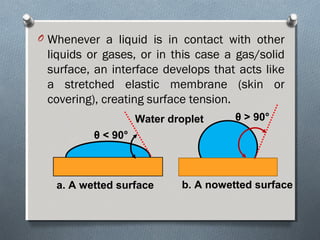 O Whenever a liquid is in contact with other
liquids or gases, or in this case a gas/solid
surface, an interface develops that acts like
a stretched elastic membrane (skin or
covering), creating surface tension.
θ < 90°
θ > 90°Water droplet
a. A wetted surface b. A nowetted surface
 