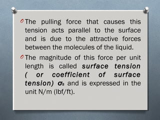 O The pulling force that causes this
tension acts parallel to the surface
and is due to the attractive forces
between the molecules of the liquid.
O The magnitude of this force per unit
length is called surface tensionsurface tension
( or coefficient of surface( or coefficient of surface
tension)tension) σσss and is expressed in the
unit N/m (lbf/ft).
 