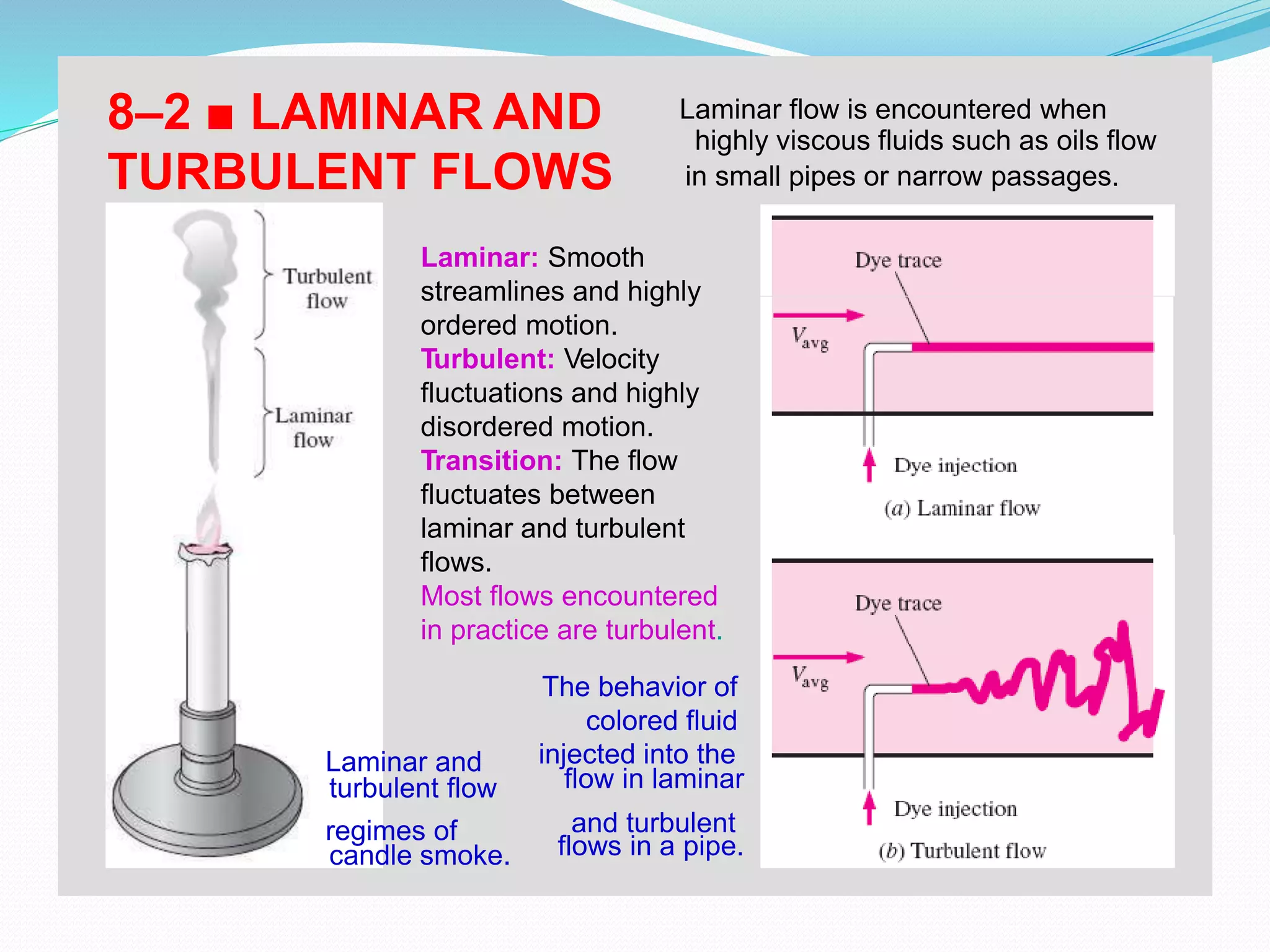 motion
flow in laminar
6
highly viscous fluids such as oils flow
flow in laminarturbulent flow
flows in a pipe.candle smoke.
8–2 ■ LAMINAR AND Laminar flow is encountered when
TURBULENT FLOWS in small pipes or narrow passages.
Laminar: Smooth
streamlines and highly
ordered motion.
Turbulent: Velocity
fluctuations and highly
disordered motion.
Transition: The flow
fluctuates between
laminar and turbulent
flows.
Most flows encountered
in practice are turbulent.
The behavior of
colored fluid
Laminar and injected into the
regimes of and turbulent
 