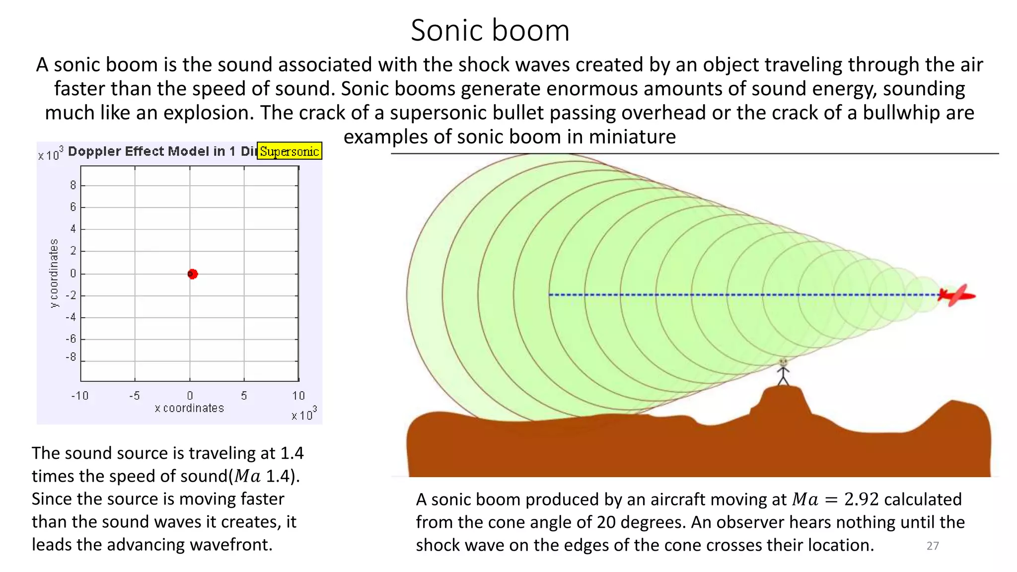 Sonic boom
A sonic boom is the sound associated with the shock waves created by an object traveling through the air
faster than the speed of sound. Sonic booms generate enormous amounts of sound energy, sounding
much like an explosion. The crack of a supersonic bullet passing overhead or the crack of a bullwhip are
examples of sonic boom in miniature
The sound source is traveling at 1.4
times the speed of sound(𝑀𝑎 1.4).
Since the source is moving faster
than the sound waves it creates, it
leads the advancing wavefront.
A sonic boom produced by an aircraft moving at 𝑀𝑎 = 2.92 calculated
from the cone angle of 20 degrees. An observer hears nothing until the
shock wave on the edges of the cone crosses their location. 27
 
