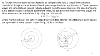To further illustrate some curious features of compressible flow, a simplified example is
considered. Imagine the emission of weak pressure pulses from a point source. These pressure
waves are spherical and expand radially outward from the point source at the speed of sound,
c. If a pressure wave is emitted at different times, we can determine where several waves will
be at a common instant of time, t, by using the relationship
𝑟 = 𝑡 − 𝑡 𝑤𝑎𝑣𝑒 𝑐
where r is the radius of the sphere-shaped wave emitted at time For a stationary point source,
the symmetrical wave pattern shown in Fig. 11.3a is involved.
22
 