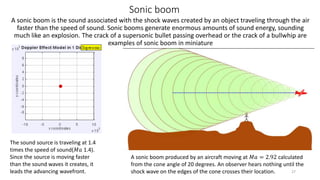 Sonic boom
A sonic boom is the sound associated with the shock waves created by an object traveling through the air
faster than the speed of sound. Sonic booms generate enormous amounts of sound energy, sounding
much like an explosion. The crack of a supersonic bullet passing overhead or the crack of a bullwhip are
examples of sonic boom in miniature
The sound source is traveling at 1.4
times the speed of sound(𝑀𝑎 1.4).
Since the source is moving faster
than the sound waves it creates, it
leads the advancing wavefront.
A sonic boom produced by an aircraft moving at 𝑀𝑎 = 2.92 calculated
from the cone angle of 20 degrees. An observer hears nothing until the
shock wave on the edges of the cone crosses their location. 27
 