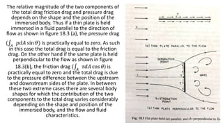 The relative magnitude of the two components of
the total drag friction drag and pressure drag
depends on the shape and the position of the
immersed body. Thus if a thin plate is held
immersed in a fluid parallel to the direction of
flow as shown in figure 18.3 (a), the pressure drag
( 𝐴
𝑝𝑑𝐴 sin 𝜃) is practically equal to zero. As such
in this case the total drag is equal to the friction
drag. On the other hand if the same plate is held
perpendicular to the flow as shown in figure
18.3(b), the friction drag ( 𝐴
𝜏𝑑𝐴 cos 𝜃) is
practically equal to zero and the total drag is due
to the pressure difference between the upstream
and downstream sides of the plate. In between
these two extreme cases there are several body
shapes for which the contribution of the two
components to the total drag varies considerably
depending on the shape and position of the
immersed body, and the flow and fluid
characteristics.
39
 