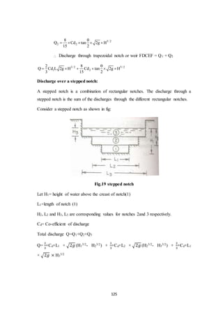 125
5/ 2
2 2
8
Q Cd tan 2g H
15 2

    
 Discharge through trapezoidal notch or weir FDCEF = Q1 + Q2
3/ 2 5/ 2
1 2
2 8
Q Cd L 2g H Cd tan 2g H
3 15 2

     
Discharge over a stepped notch:
A stepped notch is a combination of rectangular notches. The discharge through a
stepped notch is the sum of the discharges through the different rectangular notches.
Consider a stepped notch as shown in fig:
Fig.19 stepped notch
Let H1= height of water above the creast of notch(1)
L1=length of notch (1)
H2, L2 and H3, L3 are corresponding values for notches 2and 3 respectively.
Cd= Co-efficient of discharge
Total discharge Q=Q1+Q2+Q3
Q=
2
3
×Cd×L1 × √2𝑔 (H1
3/2- H2
3/2) +
2
3
×Cd×L2 × √2𝑔 (H2
3/2- H3
3/2) +
2
3
×Cd×L1
× √2𝑔 × H3
3/2
 