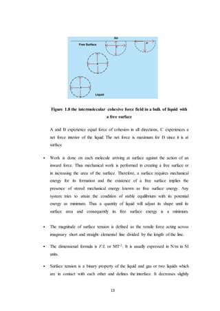 13
Figure 1.8 the intermolecular cohesive force field in a bulk of liquid with
a free surface
A and B experience equal force of cohesion in all directions, C experiences a
net force interior of the liquid The net force is maximum for D since it is at
surface
 Work is done on each molecule arriving at surface against the action of an
inward force. Thus mechanical work is performed in creating a free surface or
in increasing the area of the surface. Therefore, a surface requires mechanical
energy for its formation and the existence of a free surface implies the
presence of stored mechanical energy known as free surface energy. Any
system tries to attain the condition of stable equilibrium with its potential
energy as minimum. Thus a quantity of liquid will adjust its shape until its
surface area and consequently its free surface energy is a minimum.
 The magnitude of surface tension is defined as the tensile force acting across
imaginary short and straight elemental line divided by the length of the line.
 The dimensional formula is F/L or MT-2. It is usually expressed in N/m in SI
units.
 Surface tension is a binary property of the liquid and gas or two liquids which
are in contact with each other and defines the interface. It decreases slightly
 