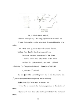151
Fig.11 arbitrary shaped soil body
1. Pressure force equal to p × dA, acting perpendicular to the surface and
2. Shear force equal to 0 dA  , acting along the tangential direction to the
surface.
Let  = Angle made by pressure force with horizontal direction.
(a) Drag Force (FD). The drag force on elemental area
= Force due to pressure in the direction of fluid motion
+ force due to shear stress in the direction of fluid motion.
= pdA cos  + 0dA cos (90o-  ) = pdA cos + 0dA sin
Total drag, FD = Summation of pdA cos + Summation of 0dA sin
= 0pcos dA sin dA     . ... (1)
The term pcos dA is called the pressure drag or form drag while the term
0 sin dA  is called the friction drag or skin drag or shear drag.
(b) Lift Force (FL). The lift force an elemental area
= Force due to pressure in the direction perpendicular to the direction of
motion
+ Force due to shear stress in the direction perpendicular to the direction of
motion.
 