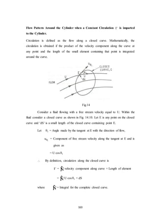 163
Flow Pattern Around the Cylinder when a Constant Circulation  is imparted
to the Cylinder.
Circulation is defined as the flow along a closed curve. Mathematically, the
circulation is obtained if the product of the velocity component along the curve at
any point and the length of the small element containing that point is integrated
around the curve.
Fig.14
Consider a fluid flowing with a free stream velocity equal to U. Within the
fluid consider a closed curve as shown in Fig. 14.10. Let E is any point on the closed
curve and ‘dS’ is a small length of the closed curve containing point E.
Let 1 = Angle made by the tangent at E with the direction of flow,
1
u = Component of free stream velocity along the tangent at E and is
given as
= U cos 1
 By definition, circulation along the closed curve is
 = Ñvelocity component along curve × Length of element
= ÑU cos 1 × dS
where Ñ= Integral for the complete closed curve.
 