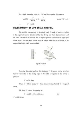 169
For a single stagnation point,  = 270o and then equation becomes as
sin 270o = -
4 UR


or -1 =
4 UR


(Q sin 270o = -1)
 = 4 UR
DEVELOPMENT OF LIFT ON AN AIROFOIL
The airfoil is characterized by its chord length C, angle of attack  (which
is the angle between the direction of the fluid flowing and chord line) and span L of
the airfoil. The lift on the airfoil is due to negative pressure created on the upper part
of the airfoil. The drag force on the airfoil is always small due to the design of the
shape of the body, which is stream-lined.
fig.16 airofoil
From the theoretical analysis, the circulation  developed on the airfoil so
that the stream-line at the trailing edge of the airfoil is tangential to the airfoil, is
given as
CU sin   
Where C = Chord length, U = Free stream velocity of airfoil,  = Angle of
attack
Lift force FL is given by equation as
LF UL UL CUsin        (Q
CUsin   )
 