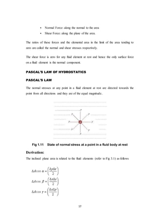 17
 Normal Force: along the normal to the area
 Shear Force: along the plane of the area.
The ratios of these forces and the elemental area in the limit of the area tending to
zero are called the normal and shear stresses respectively.
The shear force is zero for any fluid element at rest and hence the only surface force
on a fluid element is the normal component.
PASCAL'S LAW OF HYDROSTATICS
PASCAL'S LAW
The normal stresses at any point in a fluid element at rest are directed towards the
point from all directions and they are of the equal magnitude.
Fig 1.11 State of normal stress at a point in a fluid body at rest
Derivation:
The inclined plane area is related to the fluid elements (refer to Fig 3.1) as follows
 