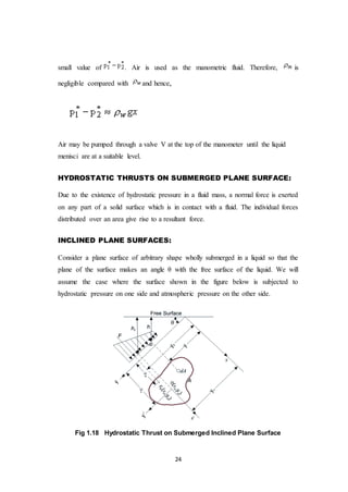 24
small value of . Air is used as the manometric fluid. Therefore, is
negligible compared with and hence,
Air may be pumped through a valve V at the top of the manometer until the liquid
menisci are at a suitable level.
HYDROSTATIC THRUSTS ON SUBMERGED PLANE SURFACE:
Due to the existence of hydrostatic pressure in a fluid mass, a normal force is exerted
on any part of a solid surface which is in contact with a fluid. The individual forces
distributed over an area give rise to a resultant force.
INCLINED PLANE SURFACES:
Consider a plane surface of arbitrary shape wholly submerged in a liquid so that the
plane of the surface makes an angle θ with the free surface of the liquid. We will
assume the case where the surface shown in the figure below is subjected to
hydrostatic pressure on one side and atmospheric pressure on the other side.
Fig 1.18 Hydrostatic Thrust on Submerged Inclined Plane Surface
 