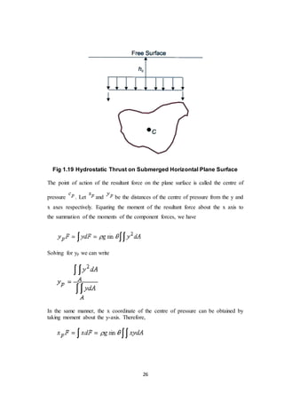 26
Fig 1.19 Hydrostatic Thrust on Submerged Horizontal Plane Surface
The point of action of the resultant force on the plane surface is called the centre of
pressure . Let and be the distances of the centre of pressure from the y and
x axes respectively. Equating the moment of the resultant force about the x axis to
the summation of the moments of the component forces, we have
Solving for yp we can write
In the same manner, the x coordinate of the centre of pressure can be obtained by
taking moment about the y-axis. Therefore,
 