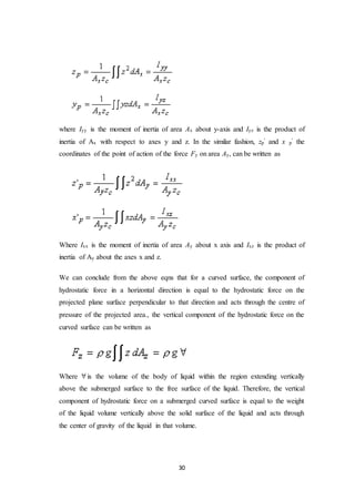 30
where Iyy is the moment of inertia of area Ax about y-axis and Iyz is the product of
inertia of Ax with respect to axes y and z. In the similar fashion, zp
' and x p
' the
coordinates of the point of action of the force Fy on area Ay, can be written as
Where Ixx is the moment of inertia of area Ay about x axis and Ixz is the product of
inertia of Ay about the axes x and z.
We can conclude from the above eqns that for a curved surface, the component of
hydrostatic force in a horizontal direction is equal to the hydrostatic force on the
projected plane surface perpendicular to that direction and acts through the centre of
pressure of the projected area., the vertical component of the hydrostatic force on the
curved surface can be written as
Where is the volume of the body of liquid within the region extending vertically
above the submerged surface to the free surface of the liquid. Therefore, the vertical
component of hydrostatic force on a submerged curved surface is equal to the weight
of the liquid volume vertically above the solid surface of the liquid and acts through
the center of gravity of the liquid in that volume.
 