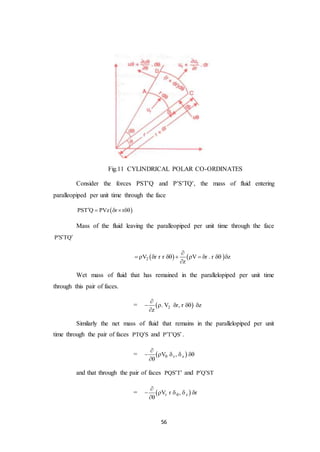 56
Fig.11 CYLINDRICAL POLAR CO-ORDINATES
Consider the forces PSTQ and PSTQ, the mass of fluid entering
paralleopiped per unit time through the face
 PST Q PVz r r    
Mass of the fluid leaving the paralleopiped per unit time through the face
P S TQ  
   2V r r r V r . r z
z

         

Wet mass of fluid that has remained in the parallelopiped per unit time
through this pair of faces.
=  2. V r, r z
z

    

Similarly the net mass of fluid that remains in the parallelopiped per unit
time through the pair of faces PTQ S and P T QS   .
=  r zV ,

    

and that through the pair of faces PQS T  and P Q ST 
=  r zV r , r

    

 