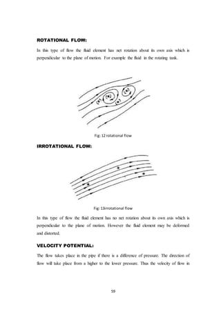 59
ROTATIONAL FLOW:
In this type of flow the fluid element has net rotation about its own axis which is
perpendicular to the plane of motion. For example the fluid in the rotating tank.
Fig: 12 rotational flow
IRROTATIONAL FLOW:
Fig: 13irrotational flow
In this type of flow the fluid element has no net rotation about its own axis which is
perpendicular to the plane of motion. However the fluid element may be deformed
and distorted.
VELOCITY POTENTIAL:
The flow takes place in the pipe if there is a difference of pressure. The direction of
flow will take place from a higher to the lower pressure. Thus the velocity of flow in
 