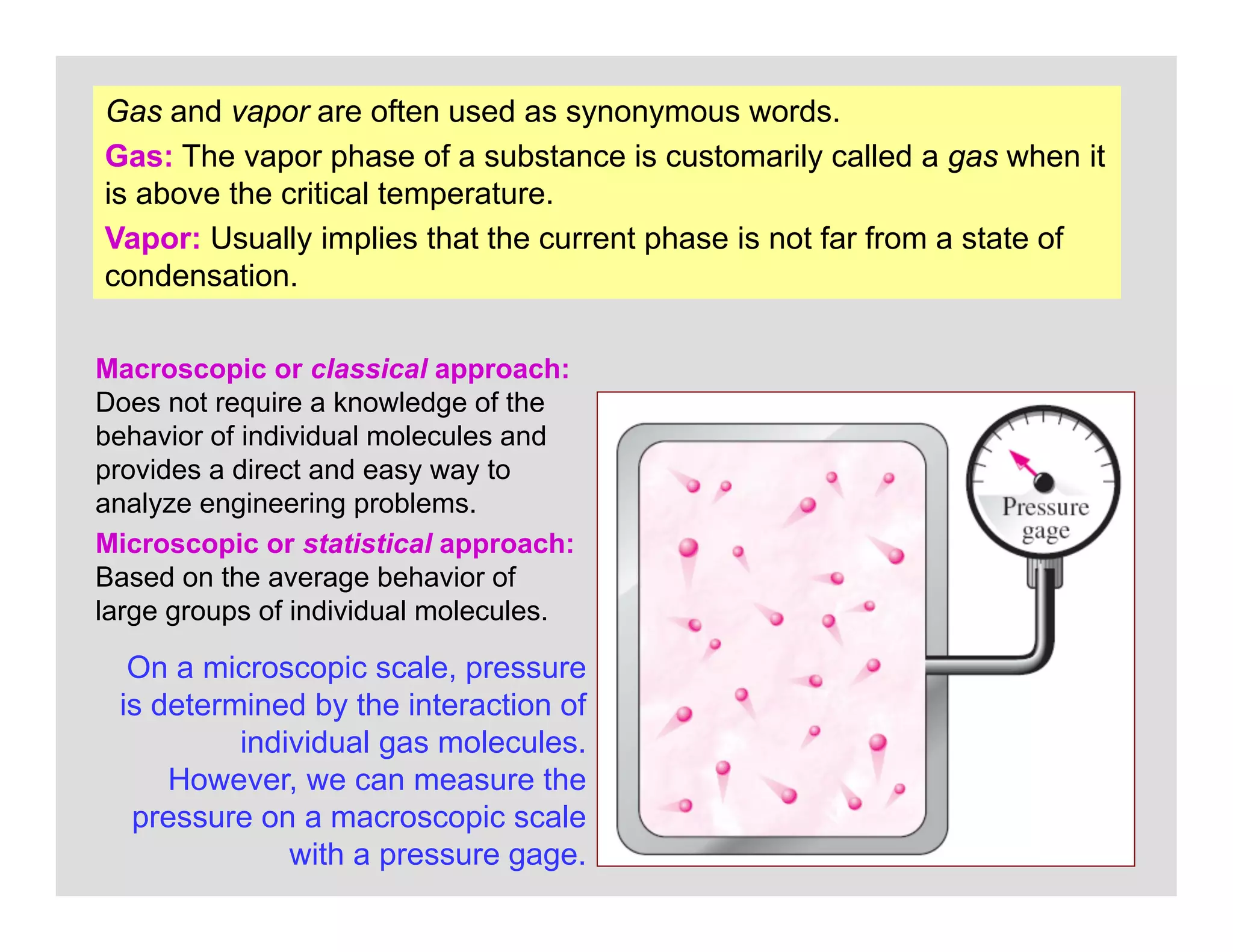 10
Gas and vapor are often used as synonymous words.
Gas: The vapor phase of a substance is customarily called a gas when it
is above the critical temperature.
Vapor: Usually implies that the current phase is not far from a state of
condensation.
On a microscopic scale, pressure
is determined by the interaction of
individual gas molecules.
However, we can measure the
pressure on a macroscopic scale
with a pressure gage.
Macroscopic or classical approach:
Does not require a knowledge of the
behavior of individual molecules and
provides a direct and easy way to
analyze engineering problems.
Microscopic or statistical approach:
Based on the average behavior of
large groups of individual molecules.
 