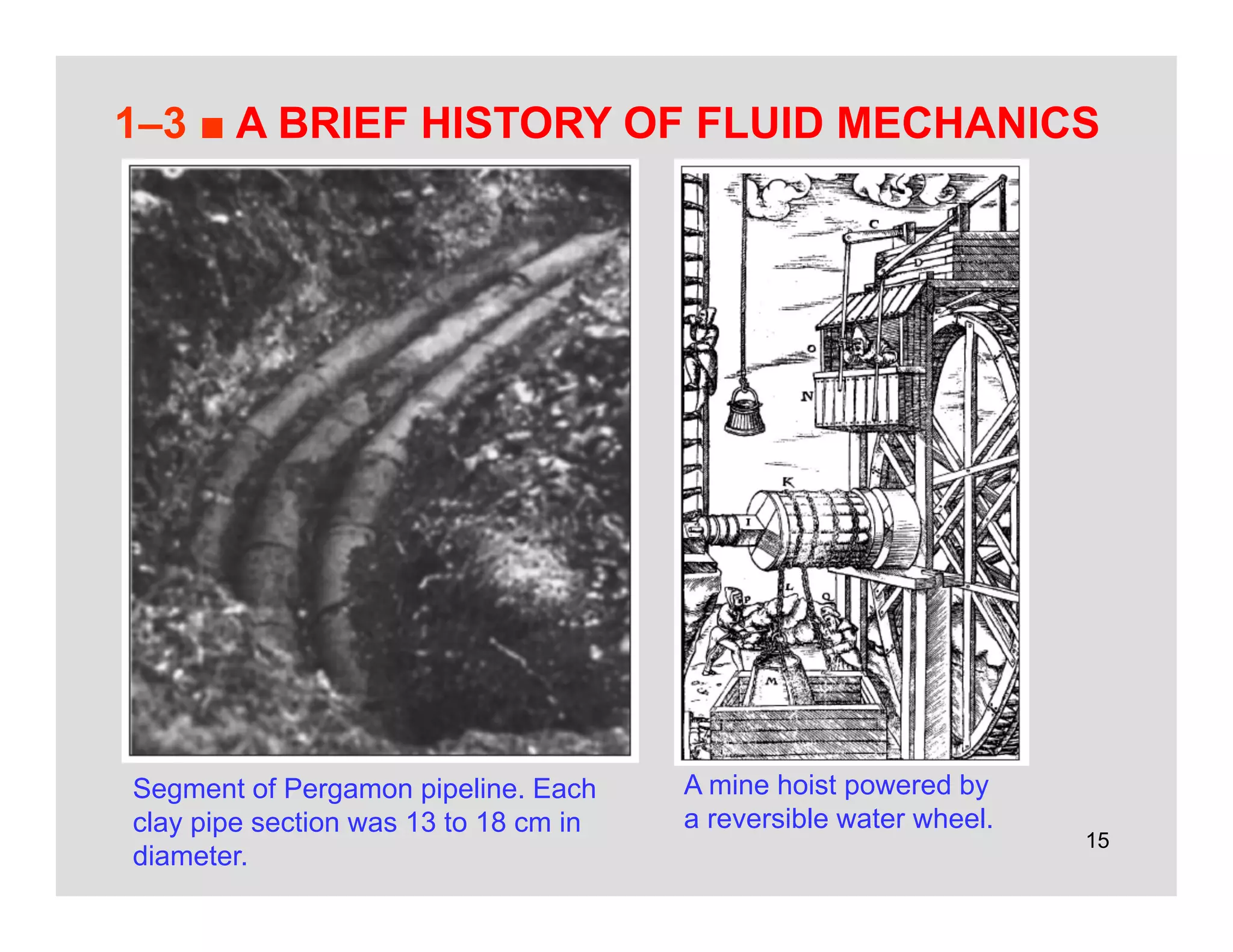 15
1–3 ■ A BRIEF HISTORY OF FLUID MECHANICS
Segment of Pergamon pipeline. Each
clay pipe section was 13 to 18 cm in
diameter.
A mine hoist powered by
a reversible water wheel.
 