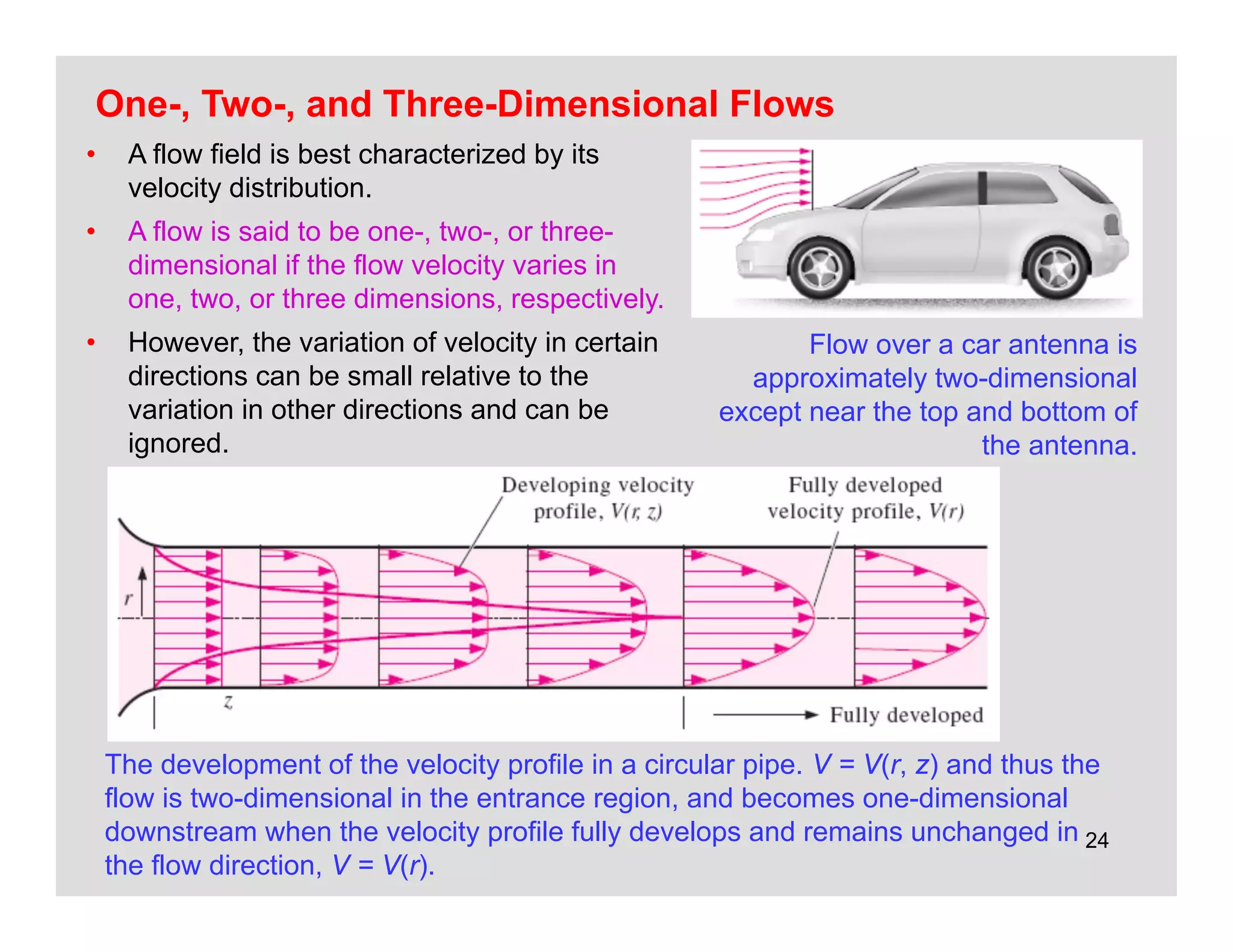 24
One-, Two-, and Three-Dimensional Flows
• A flow field is best characterized by its
velocity distribution.
• A flow is said to be one-, two-, or three-
dimensional if the flow velocity varies in
one, two, or three dimensions, respectively.
• However, the variation of velocity in certain
directions can be small relative to the
variation in other directions and can be
ignored.
The development of the velocity profile in a circular pipe. V = V(r, z) and thus the
flow is two-dimensional in the entrance region, and becomes one-dimensional
downstream when the velocity profile fully develops and remains unchanged in
the flow direction, V = V(r).
Flow over a car antenna is
approximately two-dimensional
except near the top and bottom of
the antenna.
 