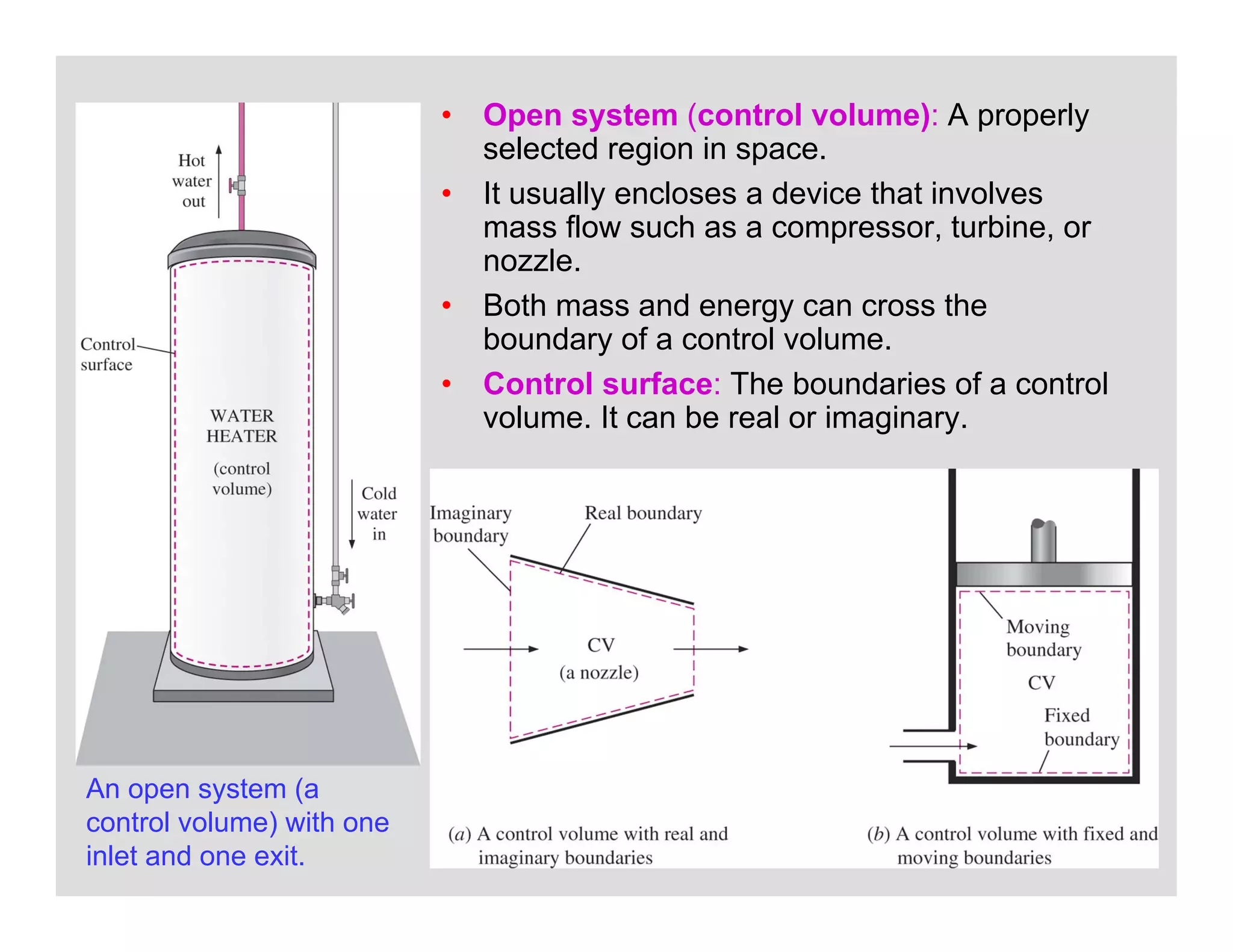 27
• Open system (control volume): A properly
selected region in space.
• It usually encloses a device that involves
mass flow such as a compressor, turbine, or
nozzle.
• Both mass and energy can cross the
boundary of a control volume.
• Control surface: The boundaries of a control
volume. It can be real or imaginary.
An open system (a
control volume) with one
inlet and one exit.
 
