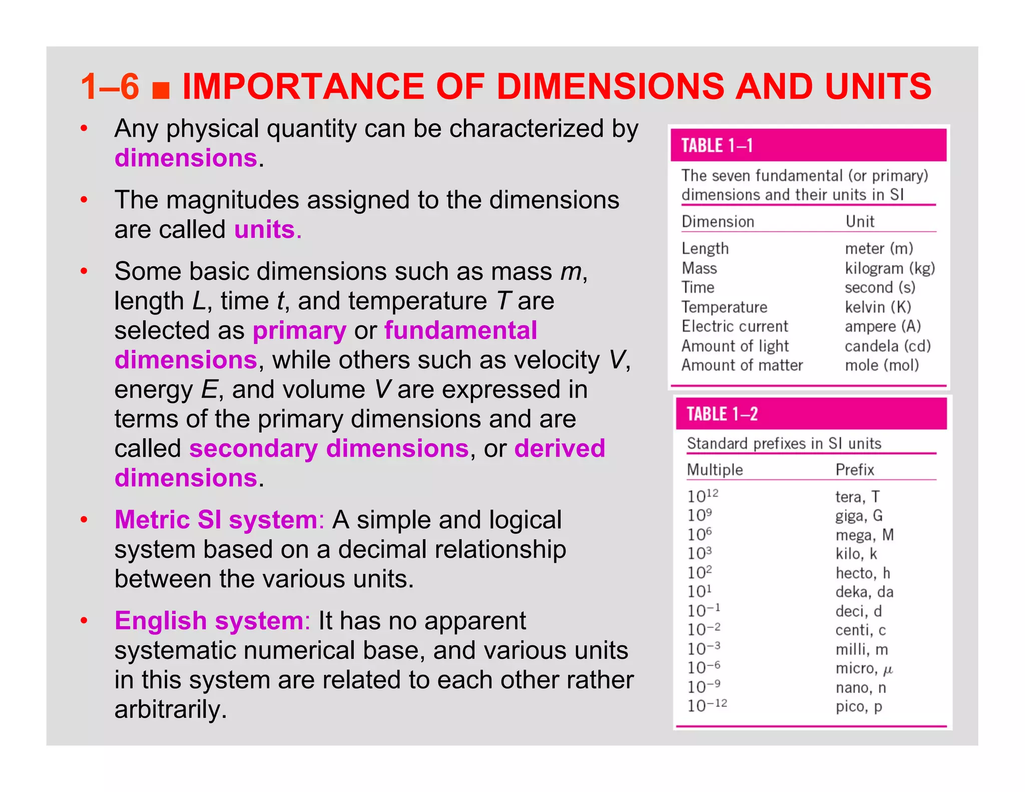 28
1–6 ■ IMPORTANCE OF DIMENSIONS AND UNITS
• Any physical quantity can be characterized by
dimensions.
• The magnitudes assigned to the dimensions
are called units.
• Some basic dimensions such as mass m,
length L, time t, and temperature T are
selected as primary or fundamental
dimensions, while others such as velocity V,
energy E, and volume V are expressed in
terms of the primary dimensions and are
called secondary dimensions, or derived
dimensions.
• Metric SI system: A simple and logical
system based on a decimal relationship
between the various units.
• English system: It has no apparent
systematic numerical base, and various units
in this system are related to each other rather
arbitrarily.
 