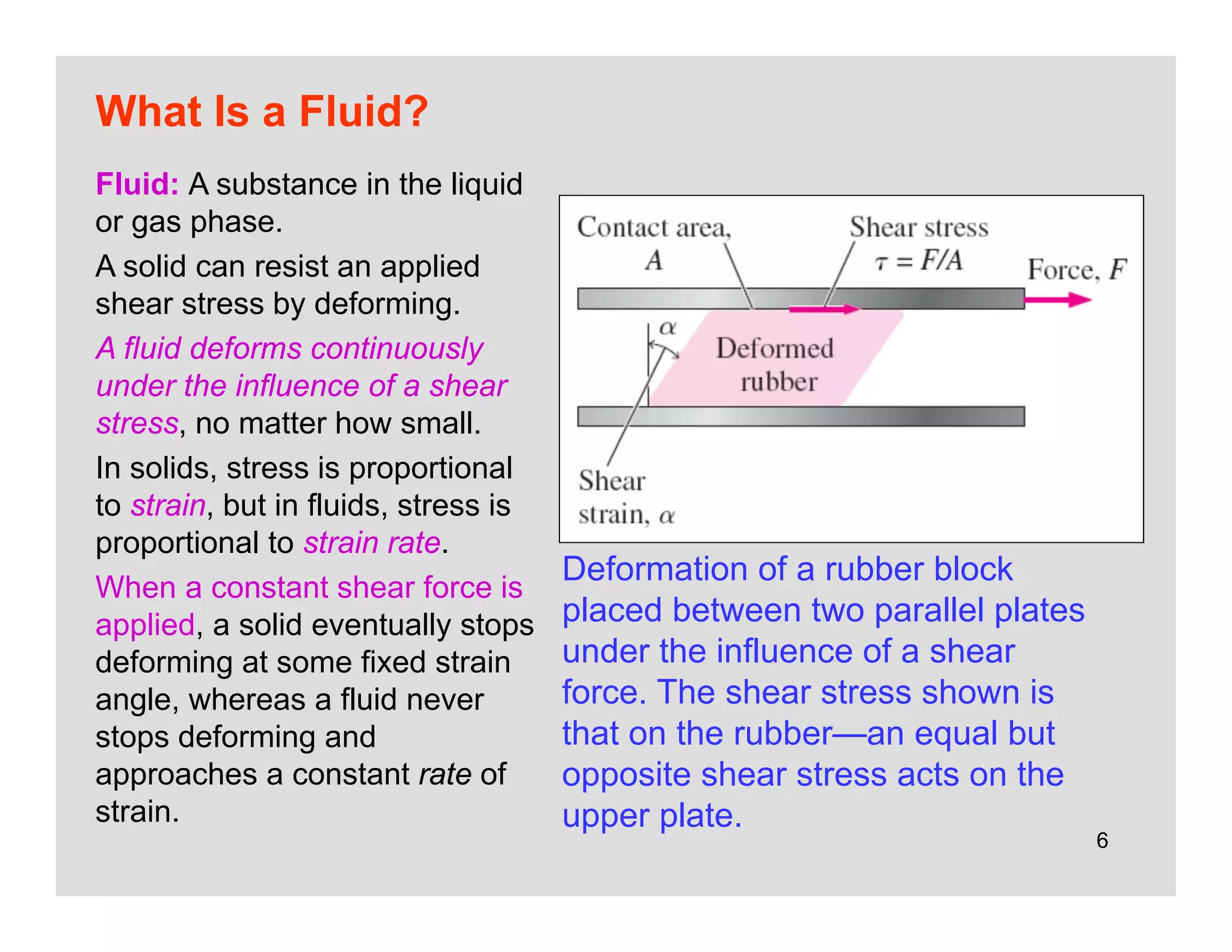 6
What Is a Fluid?
Fluid: A substance in the liquid
or gas phase.
A solid can resist an applied
shear stress by deforming.
A fluid deforms continuously
under the influence of a shear
stress, no matter how small.
In solids, stress is proportional
to strain, but in fluids, stress is
proportional to strain rate.
When a constant shear force is
applied, a solid eventually stops
deforming at some fixed strain
angle, whereas a fluid never
stops deforming and
approaches a constant rate of
strain.
Deformation of a rubber block
placed between two parallel plates
under the influence of a shear
force. The shear stress shown is
that on the rubber—an equal but
opposite shear stress acts on the
upper plate.
 