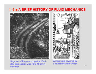 15
1–3 ■ A BRIEF HISTORY OF FLUID MECHANICS
Segment of Pergamon pipeline. Each
clay pipe section was 13 to 18 cm in
diameter.
A mine hoist powered by
a reversible water wheel.
 