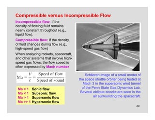 20
Compressible versus Incompressible Flow
Incompressible flow: If the
density of flowing fluid remains
nearly constant throughout (e.g.,
liquid flow).
Compressible flow: If the density
of fluid changes during flow (e.g.,
high-speed gas flow)
When analyzing rockets, spacecraft,
and other systems that involve high-
speed gas flows, the flow speed is
often expressed by Mach number
Schlieren image of a small model of
the space shuttle orbiter being tested at
Mach 3 in the supersonic wind tunnel
of the Penn State Gas Dynamics Lab.
Several oblique shocks are seen in the
air surrounding the spacecraft.
Ma = 1 Sonic flow
Ma < 1 Subsonic flow
Ma > 1 Supersonic flow
Ma >> 1 Hypersonic flow
 