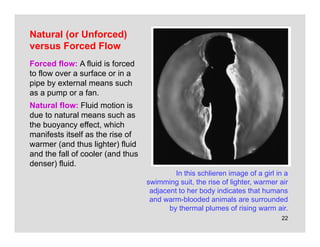 22
Natural (or Unforced)
versus Forced Flow
Forced flow: A fluid is forced
to flow over a surface or in a
pipe by external means such
as a pump or a fan.
Natural flow: Fluid motion is
due to natural means such as
the buoyancy effect, which
manifests itself as the rise of
warmer (and thus lighter) fluid
and the fall of cooler (and thus
denser) fluid.
In this schlieren image of a girl in a
swimming suit, the rise of lighter, warmer air
adjacent to her body indicates that humans
and warm-blooded animals are surrounded
by thermal plumes of rising warm air.
 