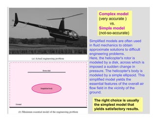 40
Simplified models are often used
in fluid mechanics to obtain
approximate solutions to difficult
engineering problems.
Here, the helicopter's rotor is
modeled by a disk, across which is
imposed a sudden change in
pressure. The helicopter's body is
modeled by a simple ellipsoid. This
simplified model yields the
essential features of the overall air
flow field in the vicinity of the
ground.
Complex model
(very accurate )
vs.
Simple model
(not-so-accurate)
The right choice is usually
the simplest model that
yields satisfactory results.
 