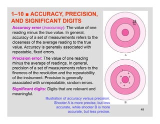 48
1–10 ■ ACCURACY, PRECISION,
AND SIGNIFICANT DIGITS
Accuracy error (inaccuracy): The value of one
reading minus the true value. In general,
accuracy of a set of measurements refers to the
closeness of the average reading to the true
value. Accuracy is generally associated with
repeatable, fixed errors.
Precision error: The value of one reading
minus the average of readings. In general,
precision of a set of measurements refers to the
fineness of the resolution and the repeatability
of the instrument. Precision is generally
associated with unrepeatable, random errors.
Significant digits: Digits that are relevant and
meaningful.
Illustration of accuracy versus precision.
Shooter A is more precise, but less
accurate, while shooter B is more
accurate, but less precise.
 