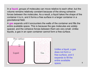 8
Unlike a liquid, a gas
does not form a
free surface, and it
expands to fill the
entire available
space.
In a liquid, groups of molecules can move relative to each other, but the
volume remains relatively constant because of the strong cohesive
forces between the molecules. As a result, a liquid takes the shape of the
container it is in, and it forms a free surface in a larger container in a
gravitational field.
A gas expands until it encounters the walls of the container and fills the
entire available space. This is because the gas molecules are widely
spaced, and the cohesive forces between them are very small. Unlike
liquids, a gas in an open container cannot form a free surface.
 