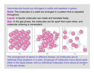 9
The arrangement of atoms in different phases: (a) molecules are at
relatively fixed positions in a solid, (b) groups of molecules move about each
other in the liquid phase, and (c) individual molecules move about at random
in the gas phase.
Intermolecular bonds are strongest in solids and weakest in gases.
Solid: The molecules in a solid are arranged in a pattern that is repeated
throughout.
Liquid: In liquids molecules can rotate and translate freely.
Gas: In the gas phase, the molecules are far apart from each other, and
molecular ordering is nonexistent.
 
