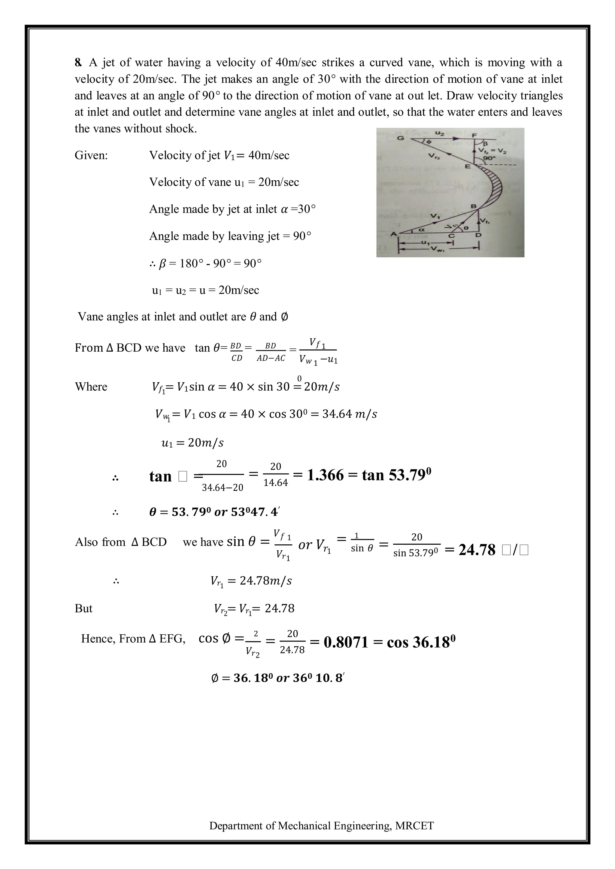 Department of Mechanical Engineering, MRCET
1
8. A jet of water having a velocity of 40m/sec strikes a curved vane, which is moving with a
velocity of 20m/sec. The jet makes an angle of 30° with the direction of motion of vane at inlet
and leaves at an angle of 90° to the direction of motion of vane at out let. Draw velocity triangles
at inlet and outlet and determine vane angles at inlet and outlet, so that the water enters and leaves
the vanes without shock.
Given: Velocity of jet 𝑉1= 40m/sec
Velocity of vane u1 = 20m/sec
Angle made by jet at inlet 𝛼 =30°
Angle made by leaving jet = 90°
∴ 𝛽 = 180° - 90° = 90°
u1 = u2 = u = 20m/sec
Vane angles at inlet and outlet are 𝜃 and ∅
From ∆ BCD we have tan 𝜃= 𝐵𝐷 = 𝐵𝐷
=
𝑉𝑓1
𝐶𝐷 𝐴𝐷−𝐴𝐶 𝑉𝑤 1 −𝑢1
0
Where 𝑉𝑓1
= 𝑉1sin 𝛼 = 40 × sin 30 =20𝑚/𝑠
𝑉𝑤 = 𝑉1 cos 𝛼 = 40 × cos 300 = 34.64 𝑚/𝑠
𝑢1 = 20𝑚/𝑠
20
∴ tan 𝑁 =
34.64−20
=
20
14.64
= 1.366 = tan 53.790
∴ 𝜽 = 𝟓𝟑. 𝟕𝟗𝟎 𝒐𝒓 𝟓𝟑𝟎𝟒𝟕. 𝟒′
Also from ∆ BCD we have sin 𝜃 =
𝑉𝑓 1
𝑉𝑟1
∴ 𝑉𝑟1
= 24.78𝑚/𝑠
𝑜𝑟 𝑉𝑟1
= 1
sin 𝜃 =
20
sin 53.790 = 24.78 𝑁/𝑁
But 𝑉𝑟2
= 𝑉𝑟1
= 24.78
Hence, From ∆ EFG, cos ∅ = 2
𝑉𝑟2
=
20
24.78
= 0.8071 = cos 36.180
∅ = 𝟑𝟔. 𝟏𝟖𝟎 𝒐𝒓 𝟑𝟔𝟎 𝟏𝟎. 𝟖′
 
