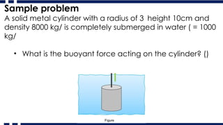 A solid metal cylinder with a radius of 3 height 10cm and
density 8000 kg/ is completely submerged in water ( = 1000
kg/
• What is the buoyant force acting on the cylinder? ()
Sample problem
 