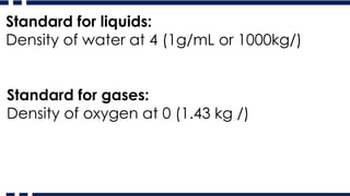Standard for liquids:
Density of water at 4 (1g/mL or 1000kg/)
Standard for gases:
Density of oxygen at 0 (1.43 kg /)
 